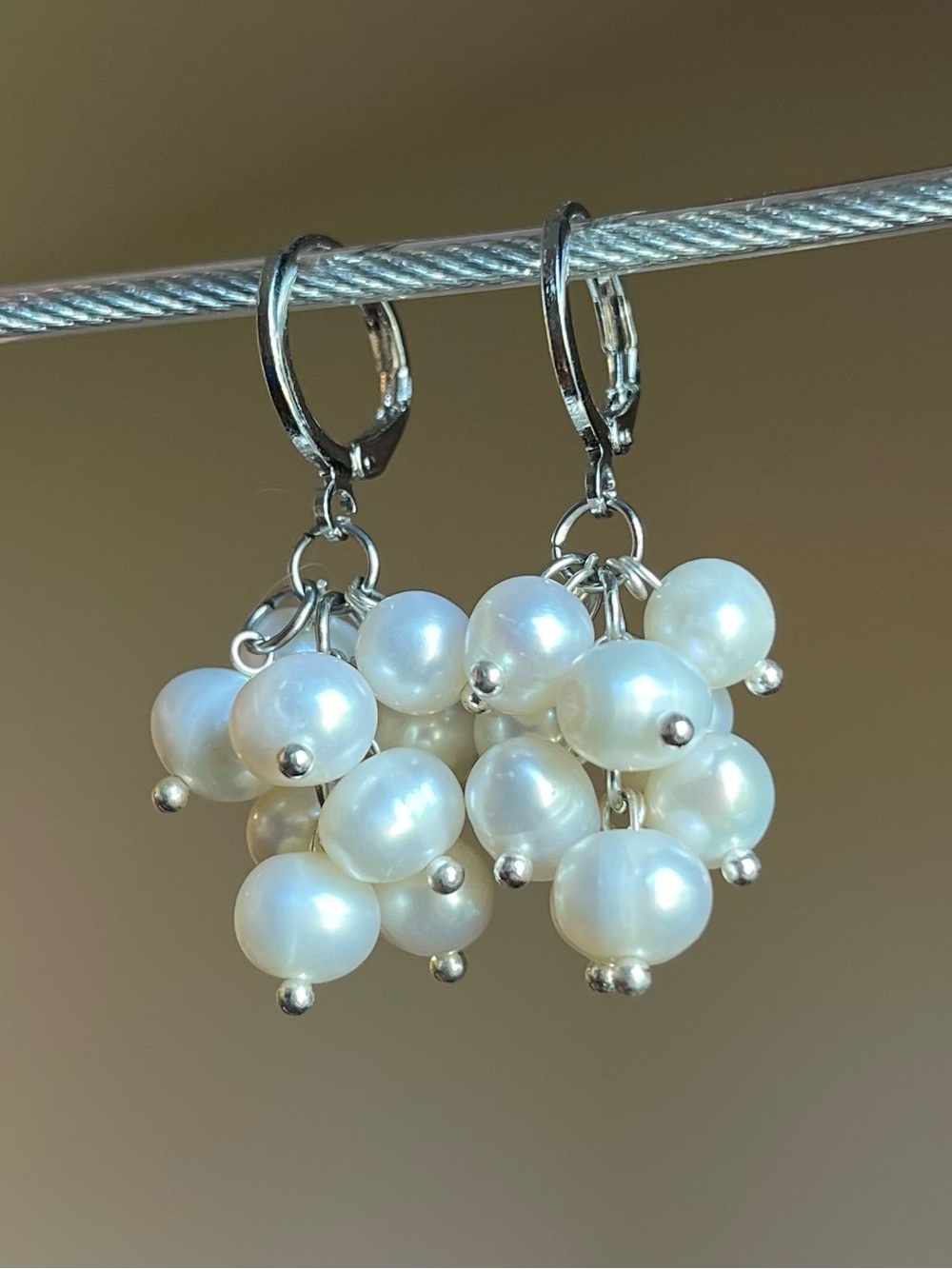 Freshwater Pearl Cluster Drop Earrings - Silver Plated Hooks